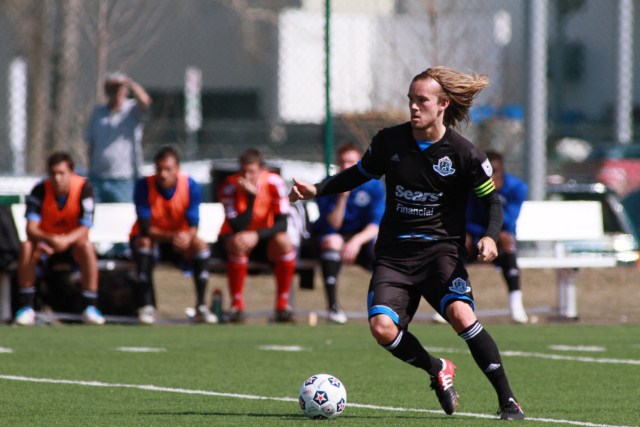 FC Edmonton's captain Paul Hamilton takes on the Minnesota Stars defense during NASL action at Clarke Stadium on Sunday afternoon. The Eddies fell to the Stars 4-3 in front of 1,300 fans for the home opener. Hamilton scored one of FC Edmonton's 3 goals.